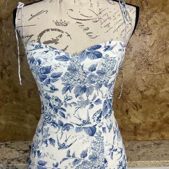 Reformation Juliette Midi Dress Women's 2 Floral Blue White Side Slit Corset - Picture 4 of 12